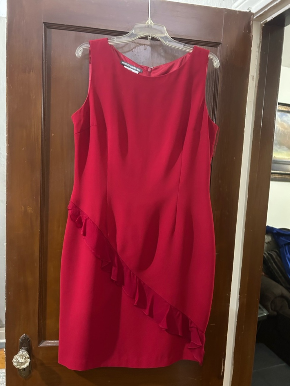 Maggy London Red Sleeveless Ruffle Sheath Midi Dress